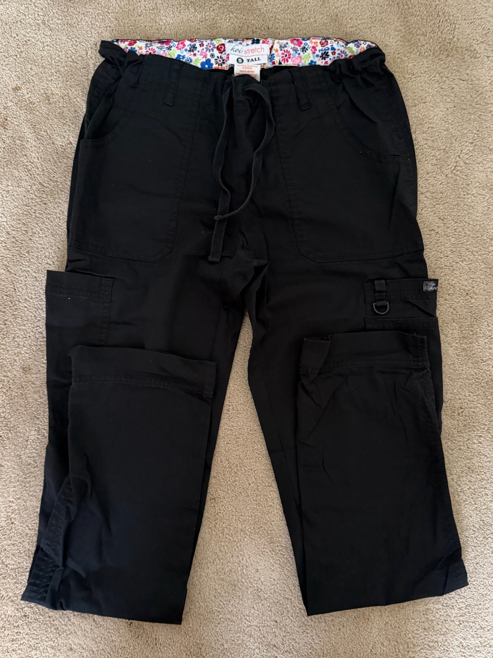 koi Black Women’s Cargo Scrub Pants with Floral Waistband